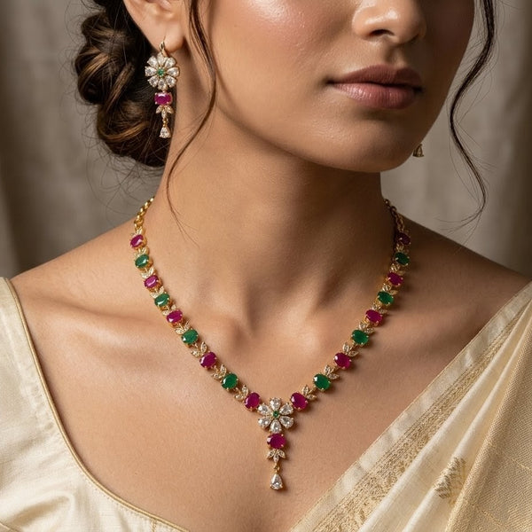 Gold Plated Stone Drop Necklace Set With Earings