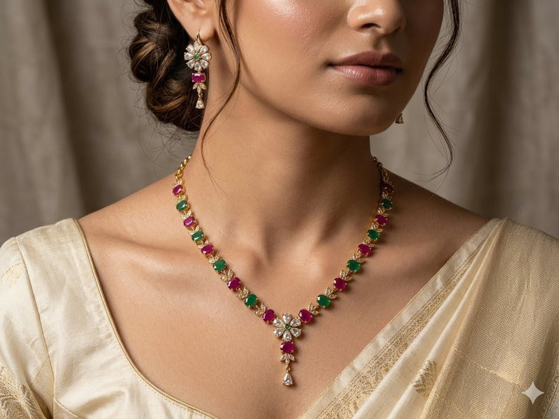 Gold Plated Stone Drop Necklace Set With Earings