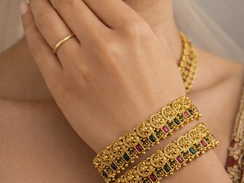 ✨ Temple Lakshmi Coin Antique Gold Bangles Set