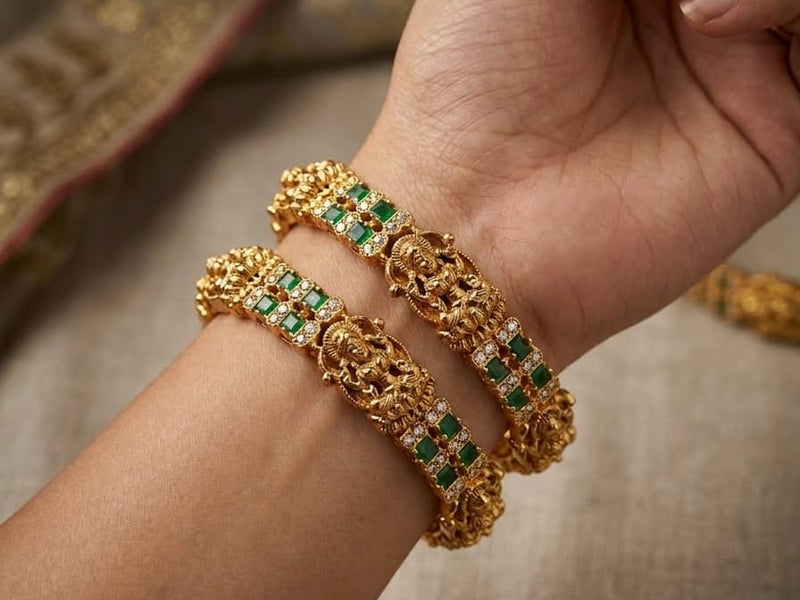 Temple Design Green Stone Gold Bangles