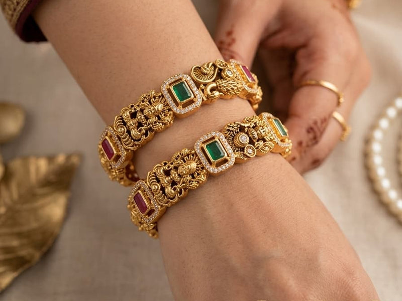 Royal Temple Ruby & Emerald Gold Bangles Set