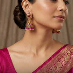 ✨ Antique Pink Stone Temple Jhumka Earrings