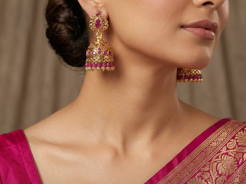 ✨ Antique Pink Stone Temple Jhumka Earrings