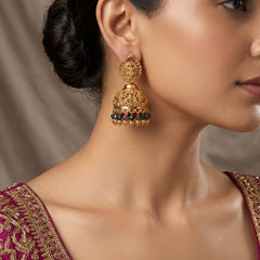 ✨ Traditional Antique Gold Temple Jhumka Earrings with Ruby & Green Beads