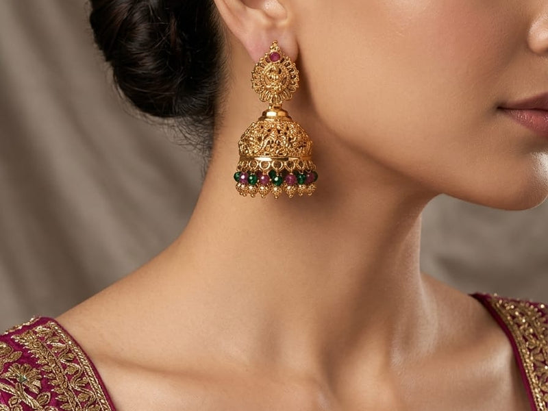 ✨ Traditional Antique Gold Temple Jhumka Earrings with Ruby & Green Beads