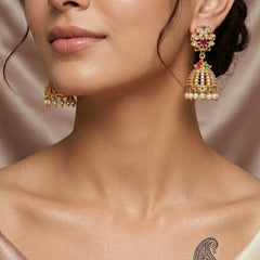 ✨ Floral Pearl Drop Temple Jhumka Earrings