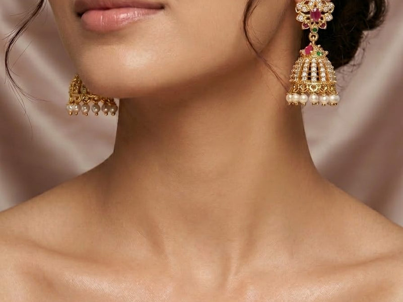 ✨ Floral Pearl Drop Temple Jhumka Earrings